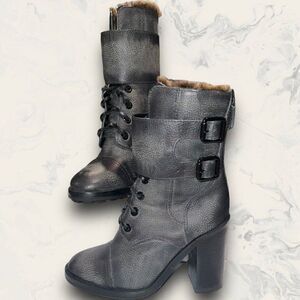 Tory Burch Broome leather heeled Combat Boots shearling lined gray women's 5.5M